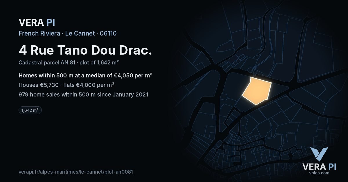 4 Rue Tano Dou Drac, Le Cannet at night – the plot lit, the parcels around coloured by the prices near them