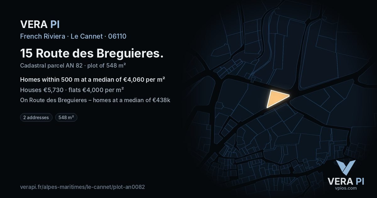 15 Route des Breguieres, Le Cannet at night – the plot lit, the parcels around coloured by the prices near them