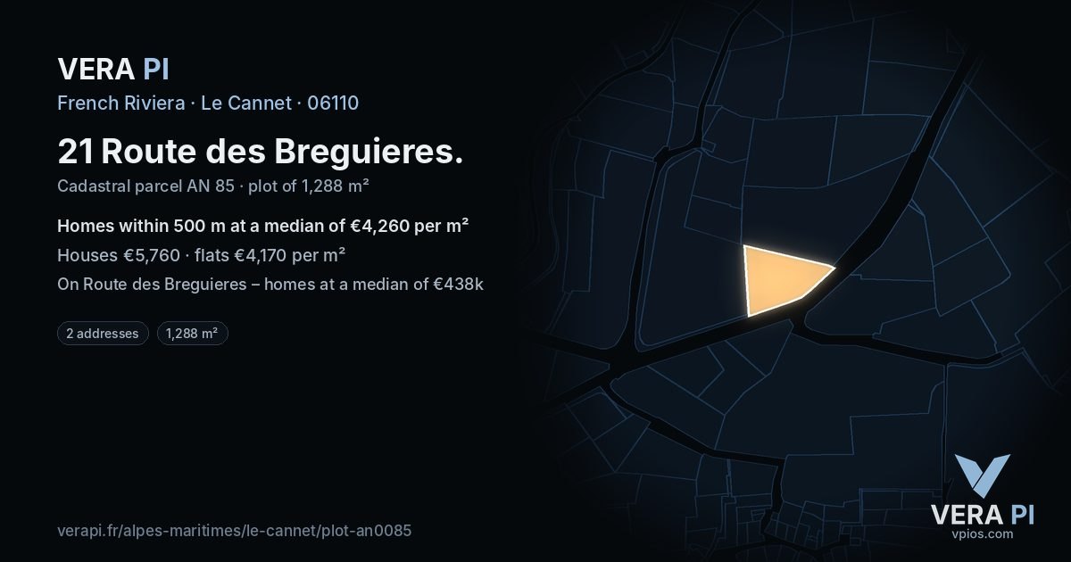 21 Route des Breguieres, Le Cannet at night – the plot lit, the parcels around coloured by the prices near them