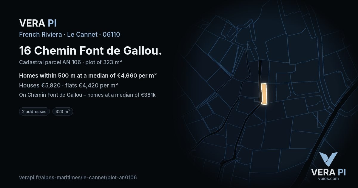 16 Chemin Font de Gallou, Le Cannet at night – the plot lit, the parcels around coloured by the prices near them