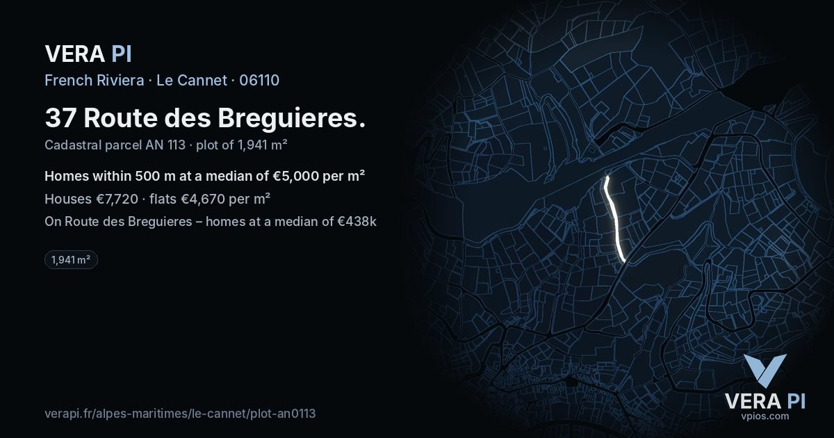 37 Route des Breguieres, Le Cannet at night – the plot lit, the parcels around coloured by the prices near them