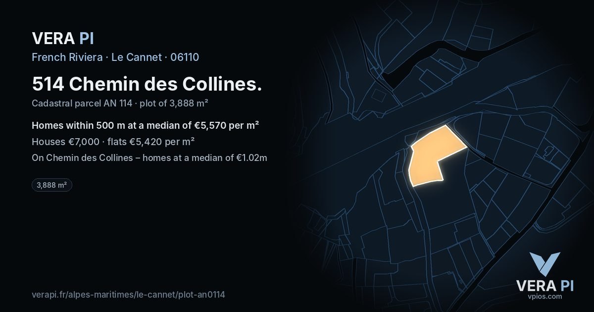 514 Chemin des Collines, Le Cannet at night – the plot lit, the parcels around coloured by the prices near them