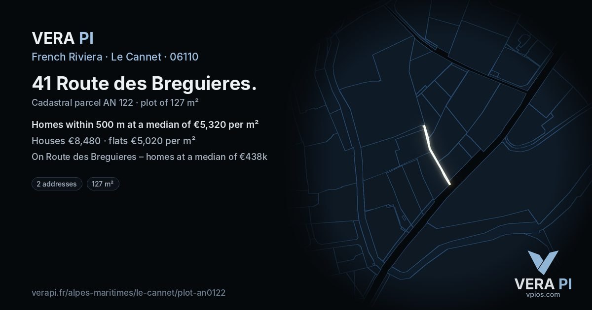 41 Route des Breguieres, Le Cannet at night – the plot lit, the parcels around coloured by the prices near them