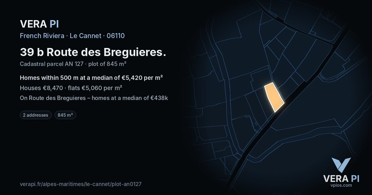 39 b Route des Breguieres, Le Cannet at night – the plot lit, the parcels around coloured by the prices near them