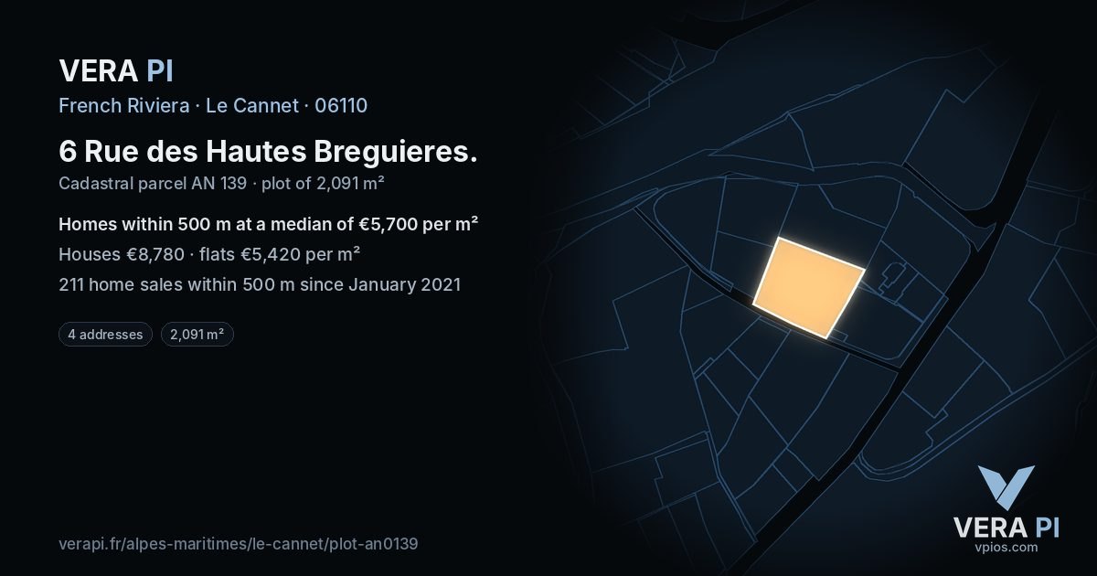 6 Rue des Hautes Breguieres, Le Cannet at night – the plot lit, the parcels around coloured by the prices near them