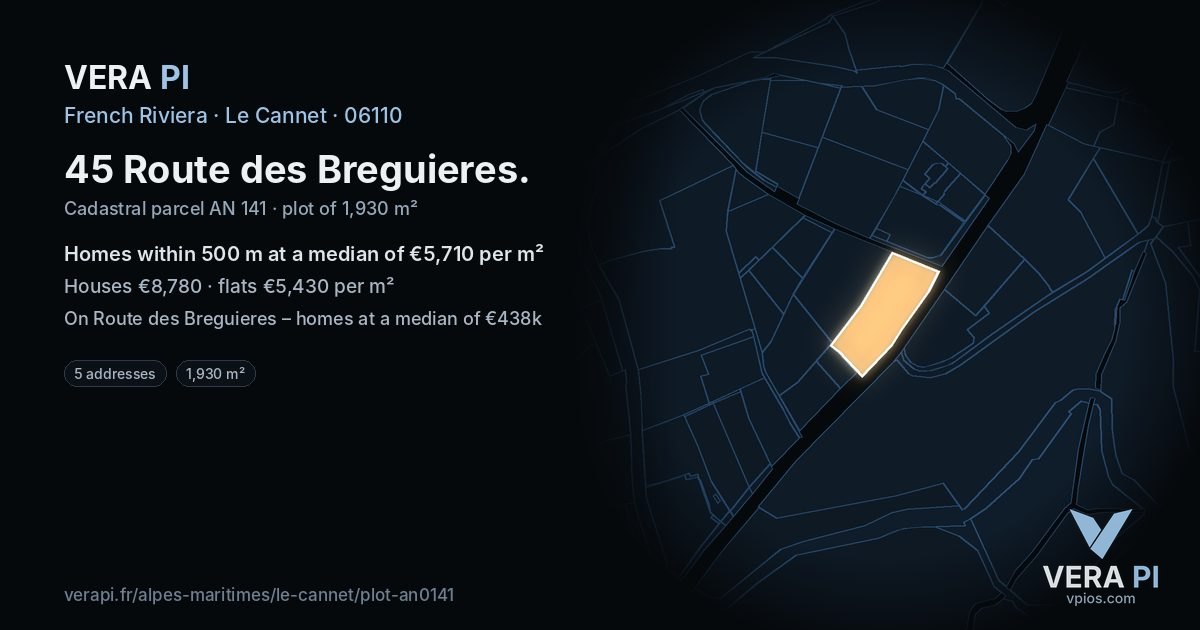 45 Route des Breguieres, Le Cannet at night – the plot lit, the parcels around coloured by the prices near them