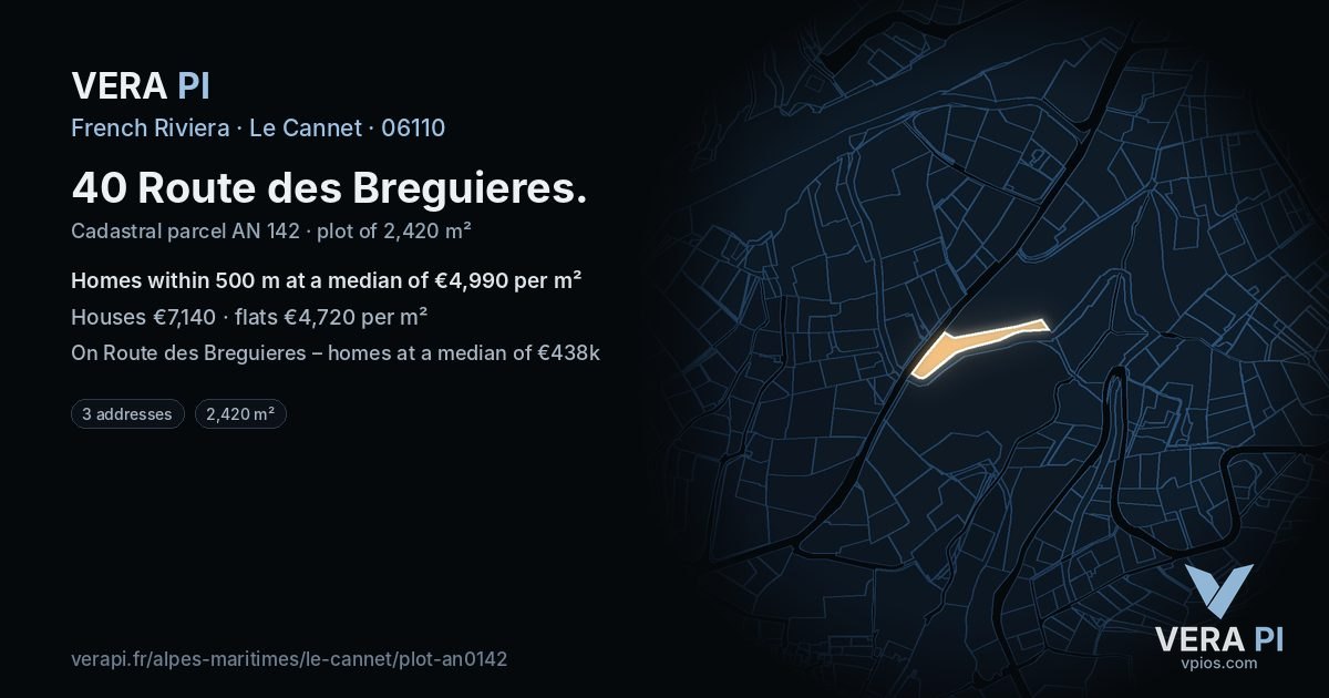 40 Route des Breguieres, Le Cannet at night – the plot lit, the parcels around coloured by the prices near them