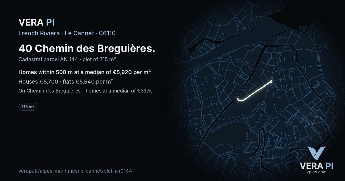 40 Chemin des Breguières, Le Cannet at night – the plot lit, the parcels around coloured by the prices near them