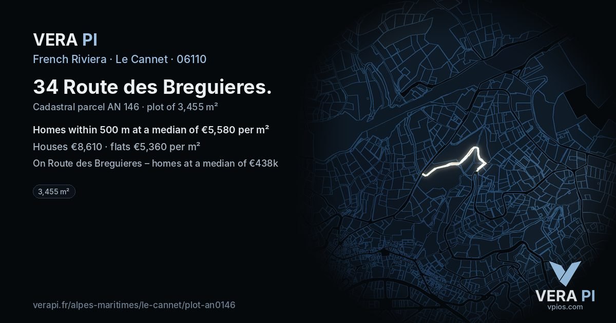 34 Route des Breguieres, Le Cannet at night – the plot lit, the parcels around coloured by the prices near them