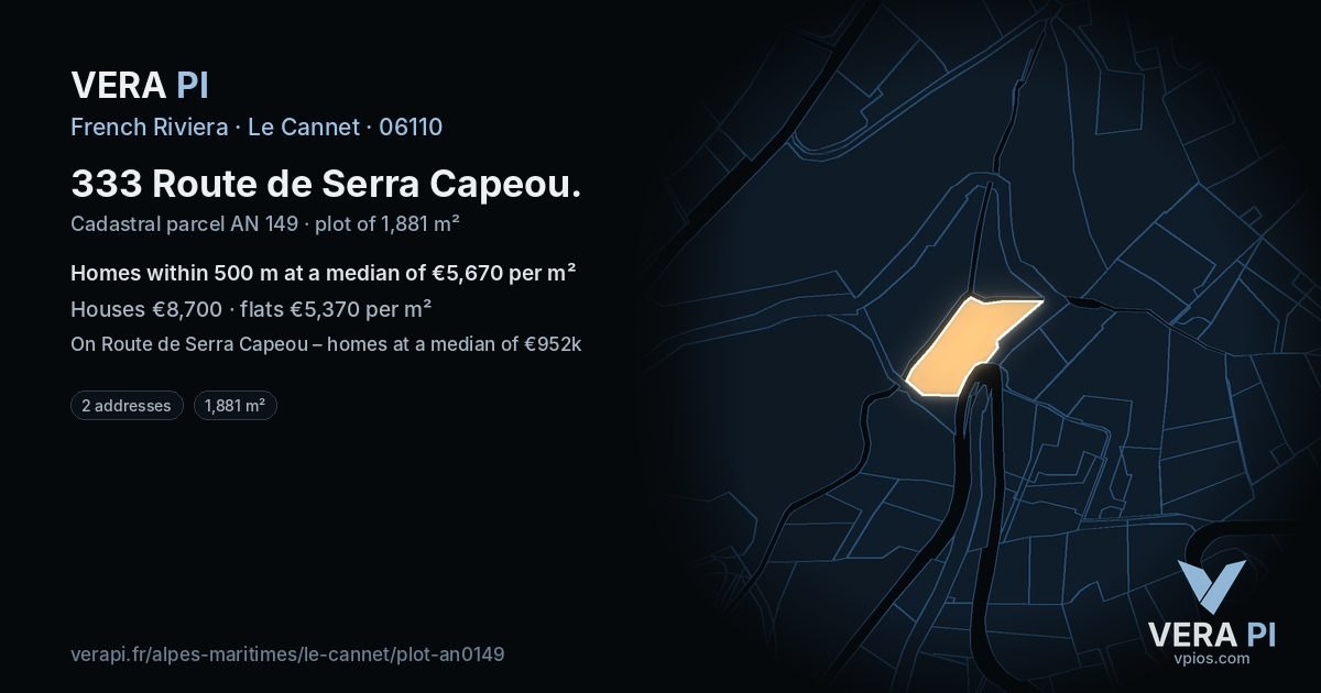333 Route de Serra Capeou, Le Cannet at night – the plot lit, the parcels around coloured by the prices near them