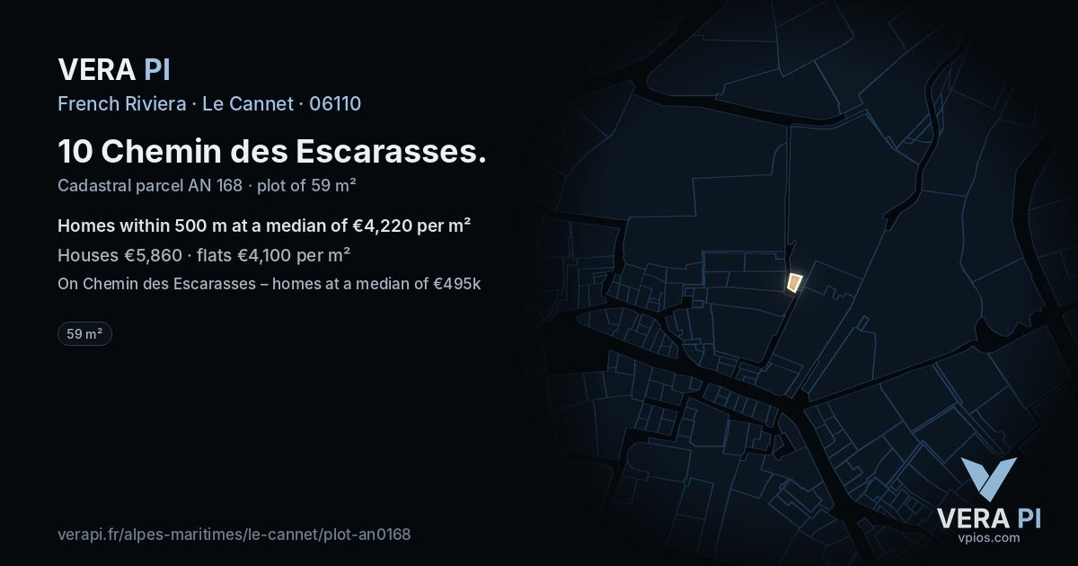 10 Chemin des Escarasses, Le Cannet at night – the plot lit, the parcels around coloured by the prices near them