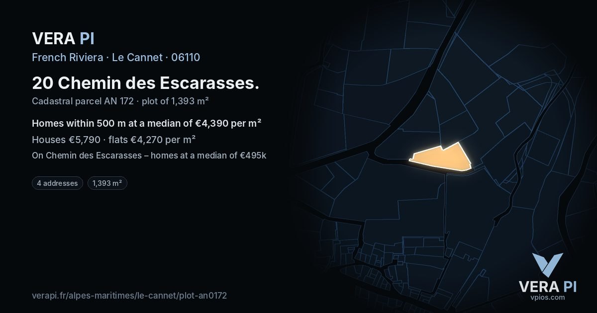 20 Chemin des Escarasses, Le Cannet at night – the plot lit, the parcels around coloured by the prices near them