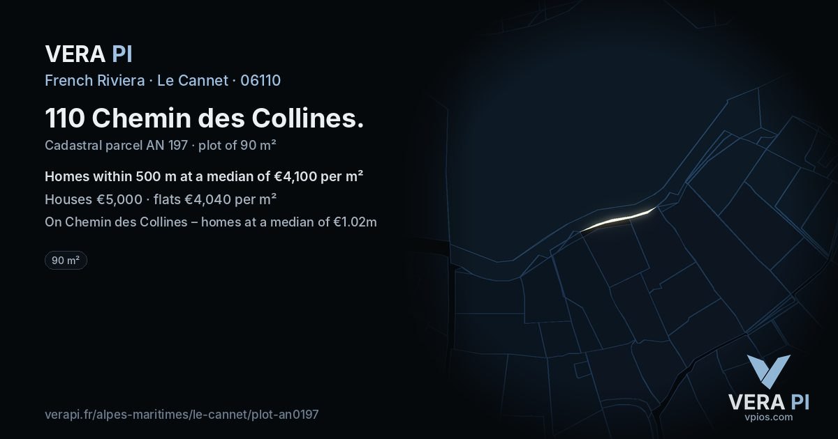 110 Chemin des Collines, Le Cannet at night – the plot lit, the parcels around coloured by the prices near them