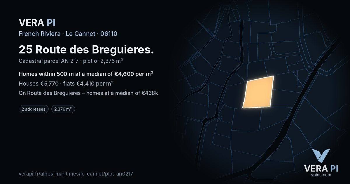 25 Route des Breguieres, Le Cannet at night – the plot lit, the parcels around coloured by the prices near them