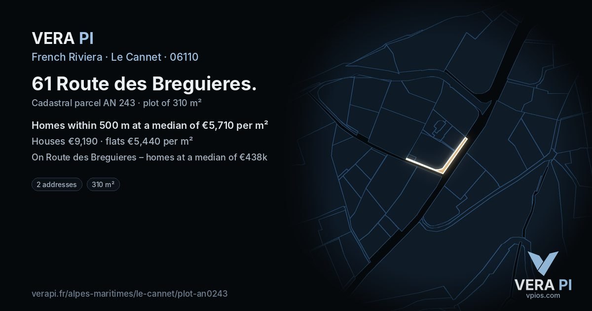 61 Route des Breguieres, Le Cannet at night – the plot lit, the parcels around coloured by the prices near them