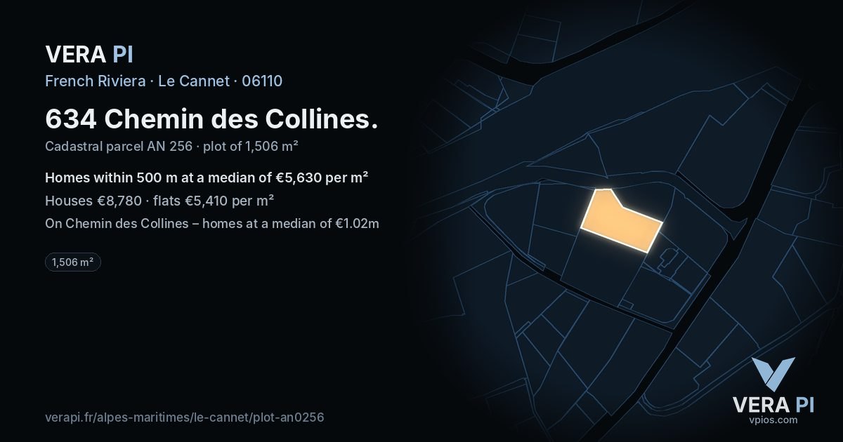 634 Chemin des Collines, Le Cannet at night – the plot lit, the parcels around coloured by the prices near them