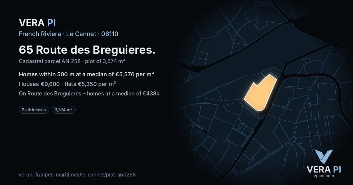 65 Route des Breguieres, Le Cannet at night – the plot lit, the parcels around coloured by the prices near them