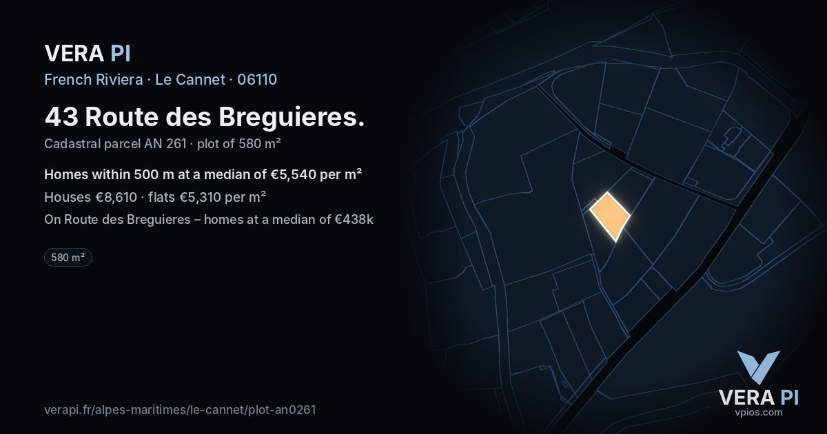 43 Route des Breguieres, Le Cannet at night – the plot lit, the parcels around coloured by the prices near them
