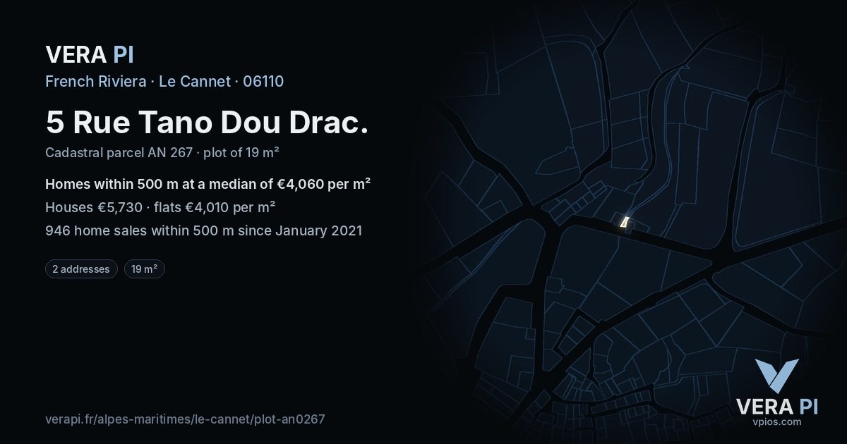 5 Rue Tano Dou Drac, Le Cannet at night – the plot lit, the parcels around coloured by the prices near them