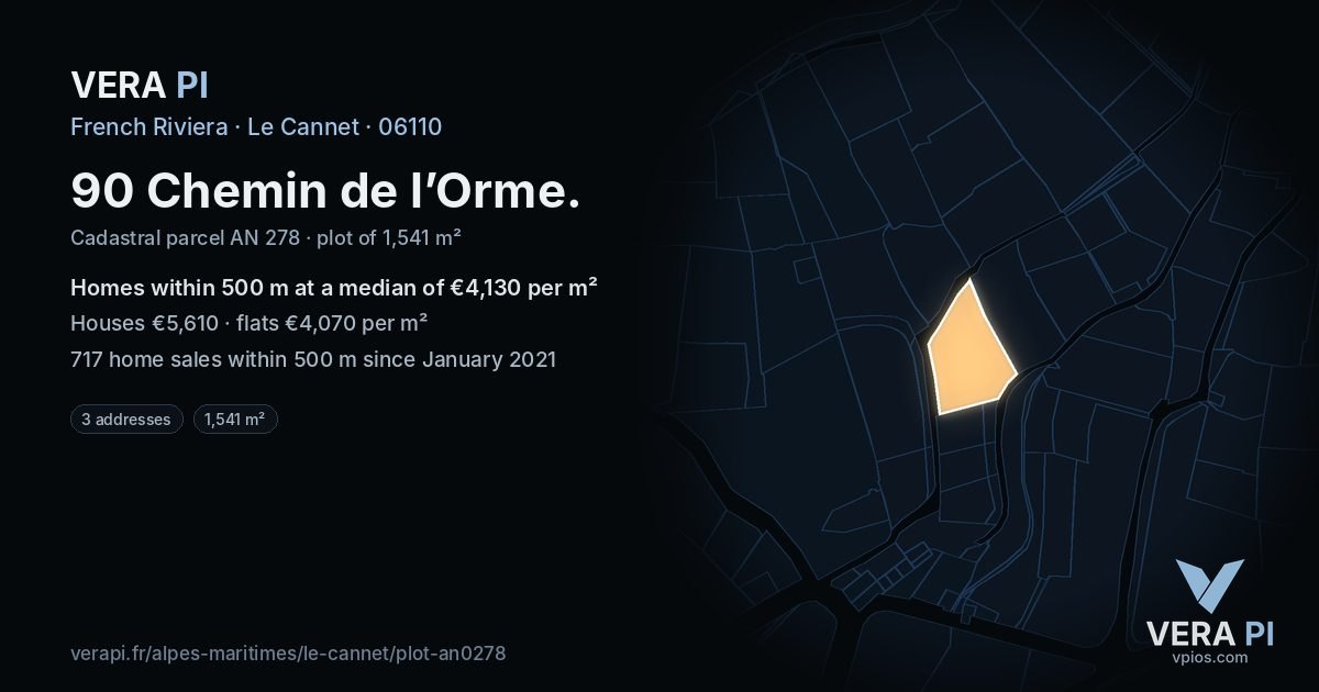 90 Chemin de l’Orme, Le Cannet at night – the plot lit, the parcels around coloured by the prices near them