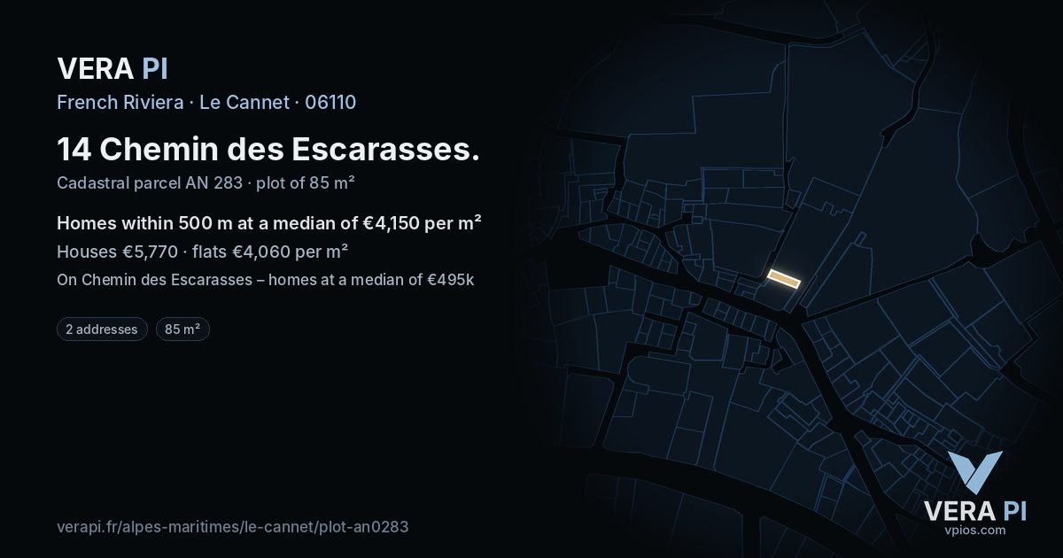 14 Chemin des Escarasses, Le Cannet at night – the plot lit, the parcels around coloured by the prices near them