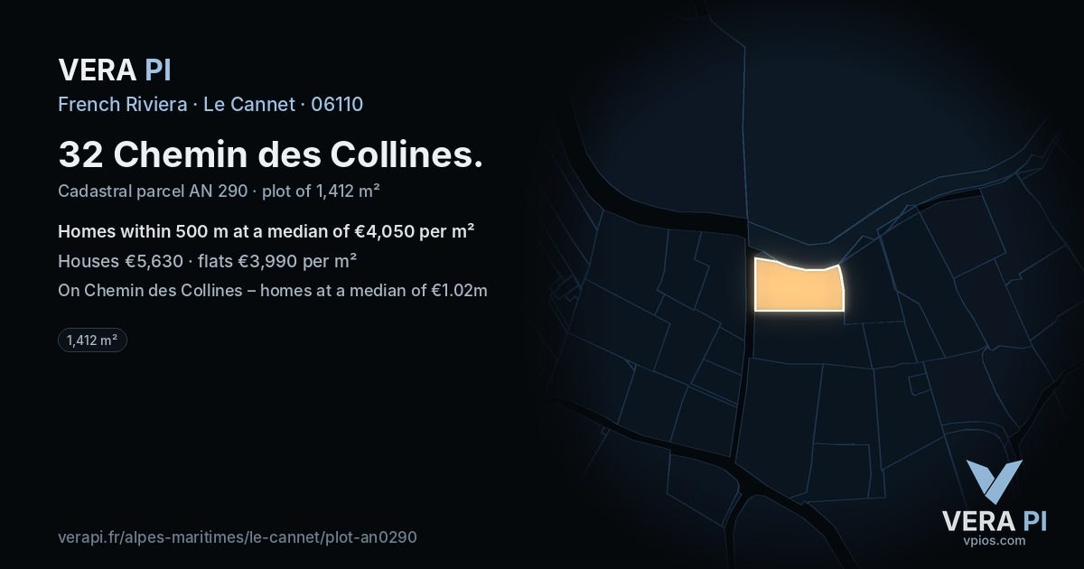 32 Chemin des Collines, Le Cannet at night – the plot lit, the parcels around coloured by the prices near them