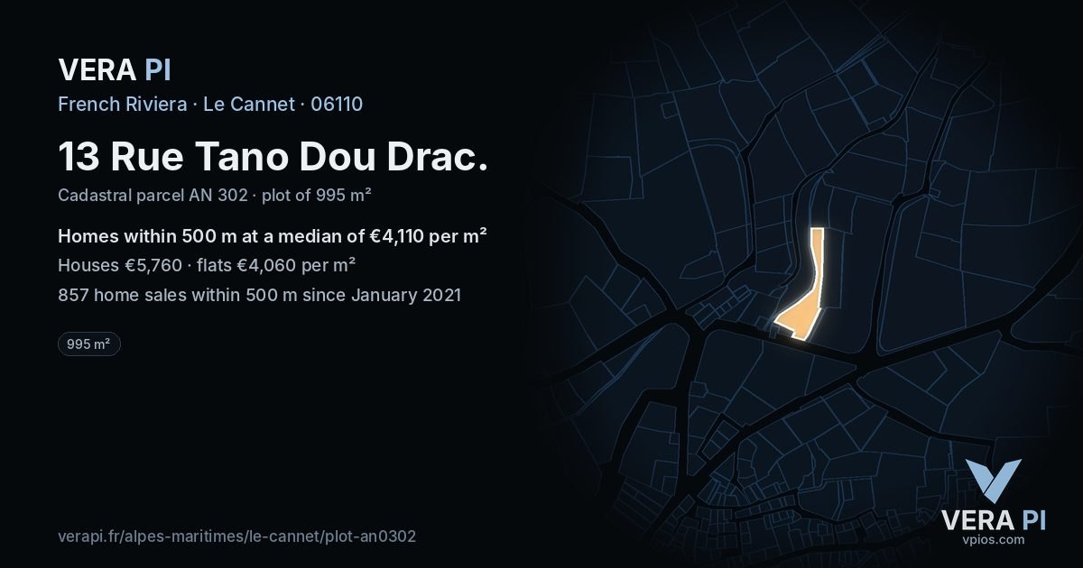 13 Rue Tano Dou Drac, Le Cannet at night – the plot lit, the parcels around coloured by the prices near them