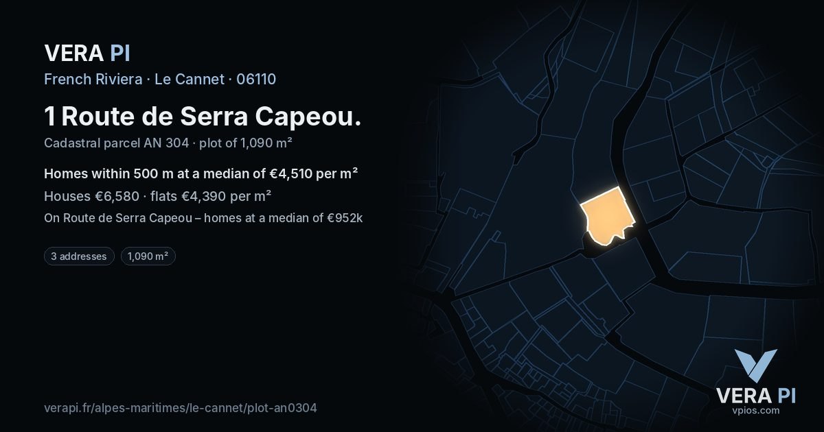 1 Route de Serra Capeou, Le Cannet at night – the plot lit, the parcels around coloured by the prices near them