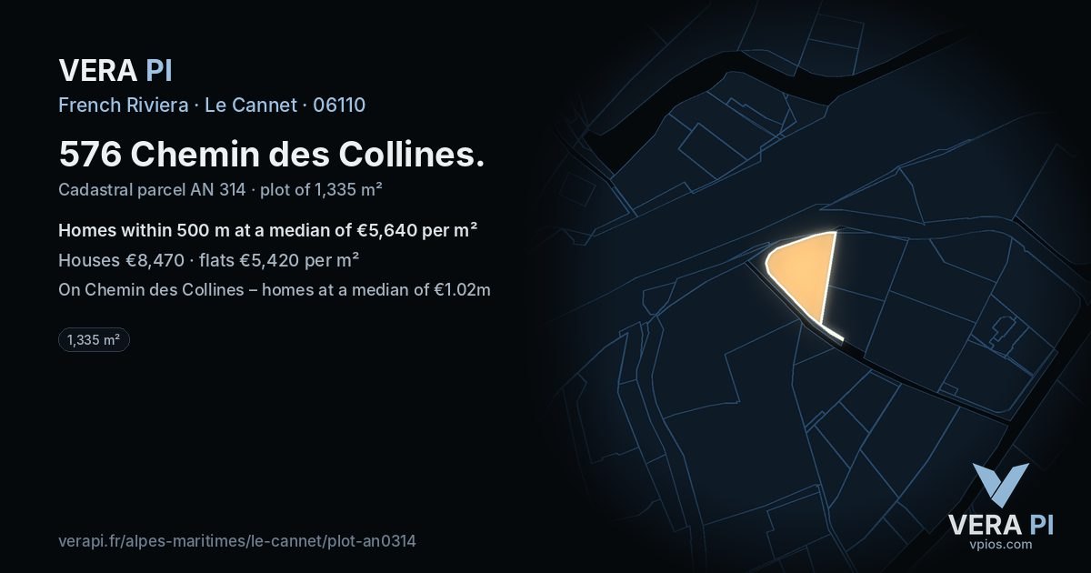 576 Chemin des Collines, Le Cannet at night – the plot lit, the parcels around coloured by the prices near them
