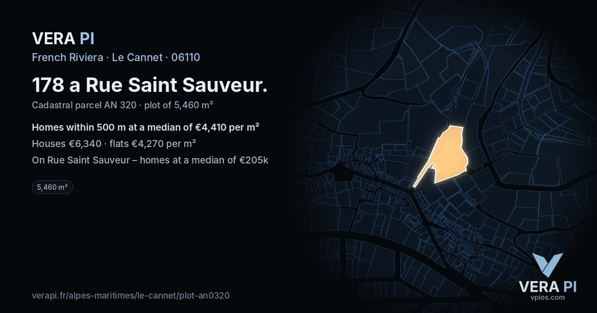 178 a Rue Saint Sauveur, Le Cannet at night – the plot lit, the parcels around coloured by the prices near them