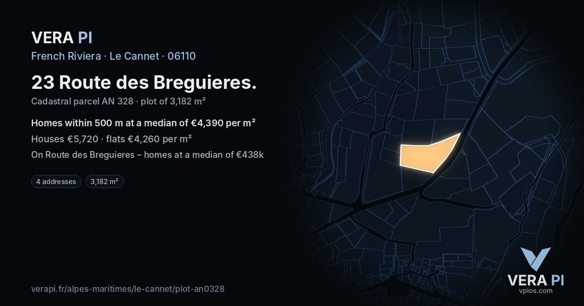 23 Route des Breguieres, Le Cannet at night – the plot lit, the parcels around coloured by the prices near them