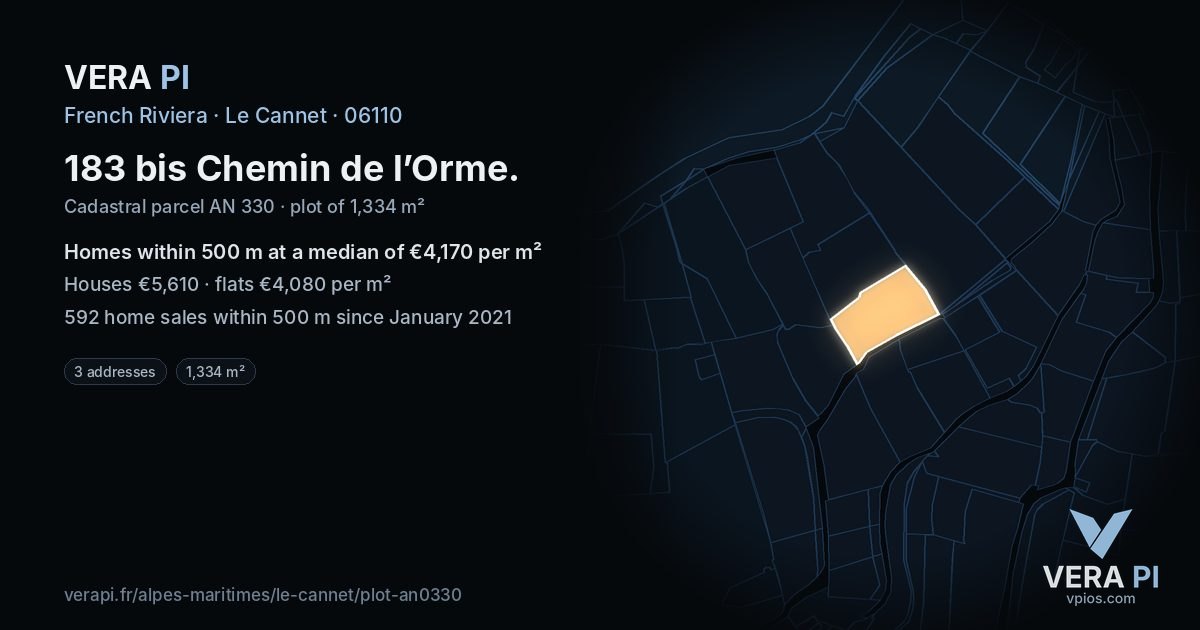 183 bis Chemin de l’Orme, Le Cannet at night – the plot lit, the parcels around coloured by the prices near them