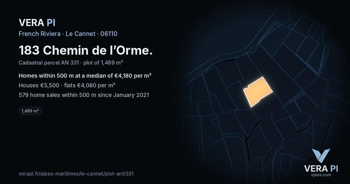 183 Chemin de l’Orme, Le Cannet at night – the plot lit, the parcels around coloured by the prices near them