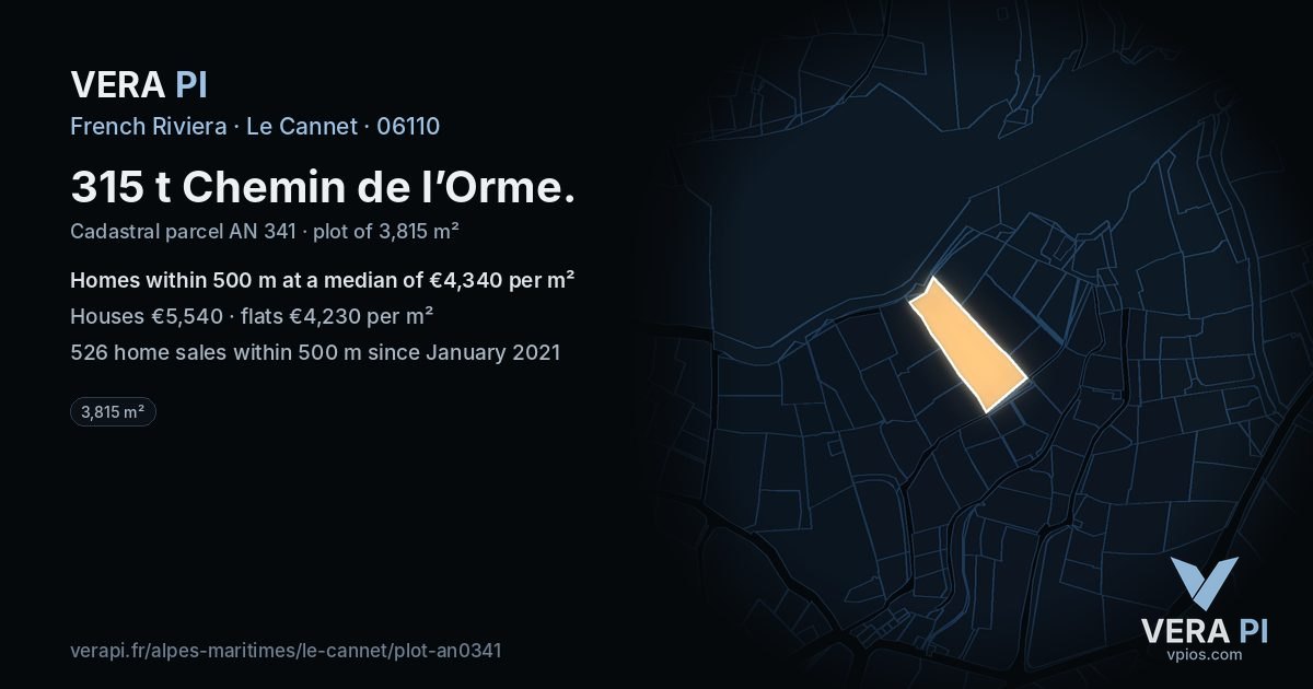 315 t Chemin de l’Orme, Le Cannet at night – the plot lit, the parcels around coloured by the prices near them