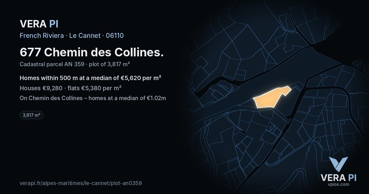 677 Chemin des Collines, Le Cannet at night – the plot lit, the parcels around coloured by the prices near them