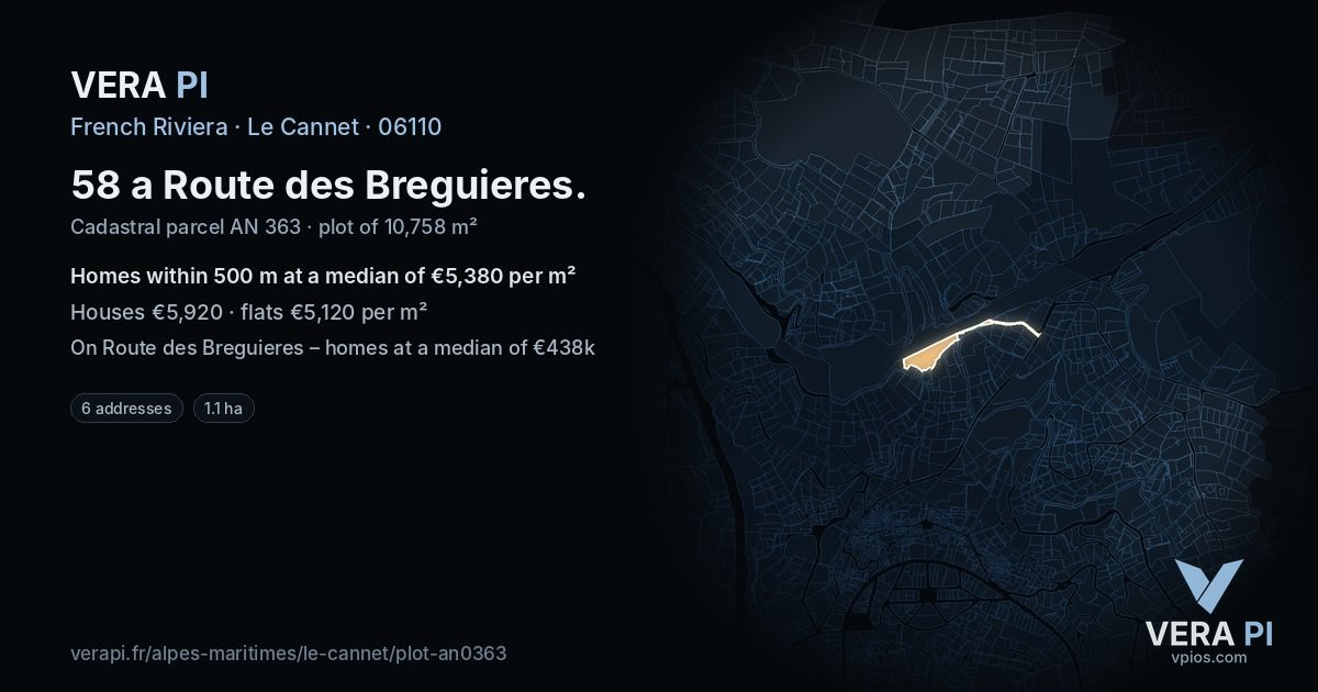 58 a Route des Breguieres, Le Cannet at night – the plot lit, the parcels around coloured by the prices near them
