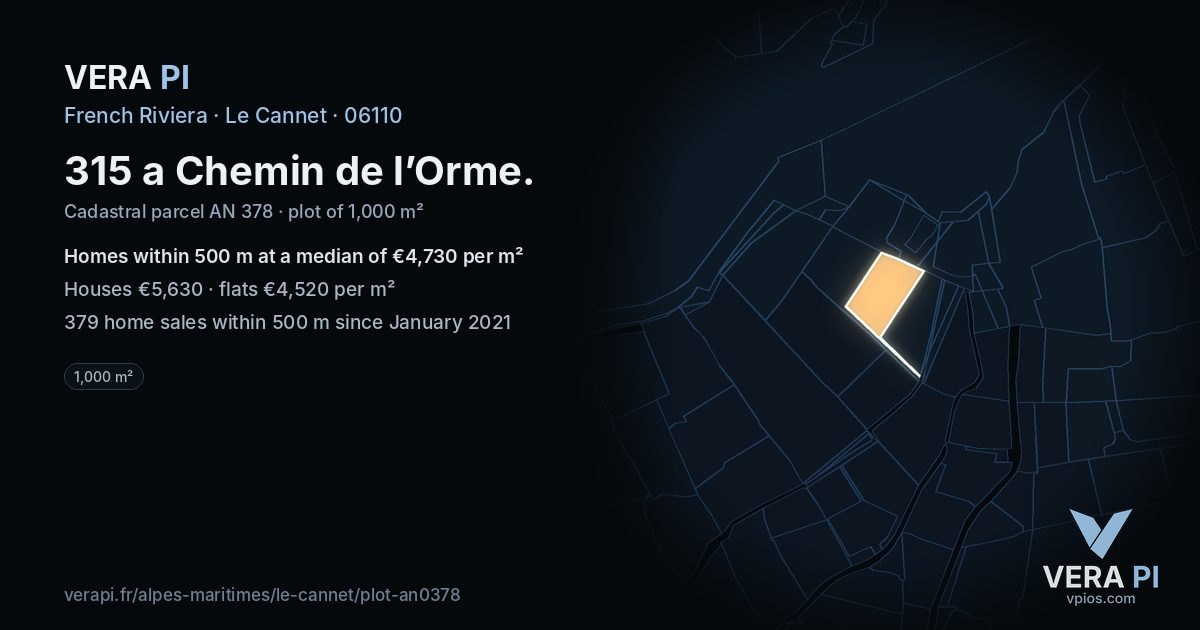 315 a Chemin de l’Orme, Le Cannet at night – the plot lit, the parcels around coloured by the prices near them