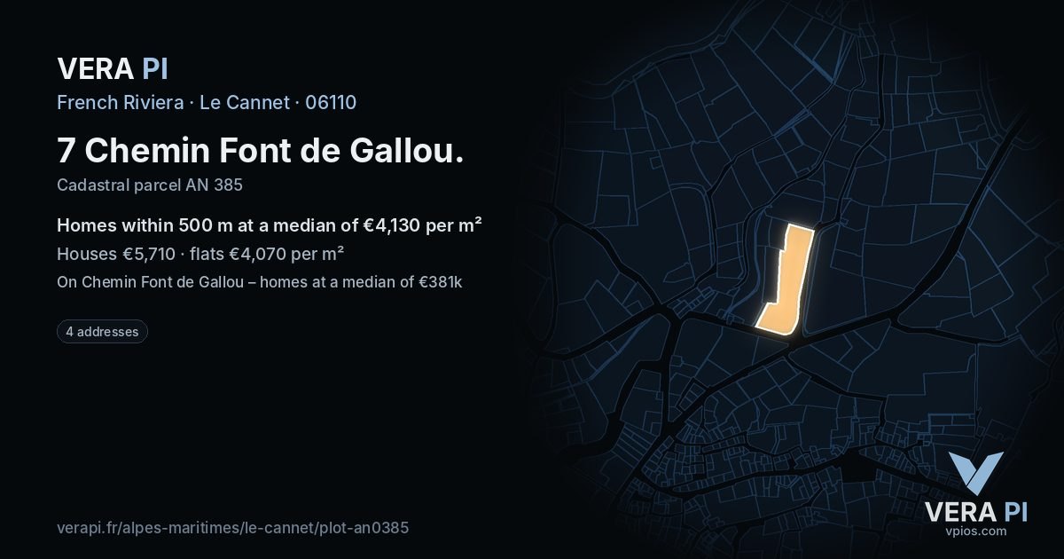 7 Chemin Font de Gallou, Le Cannet at night – the plot lit, the parcels around coloured by the prices near them