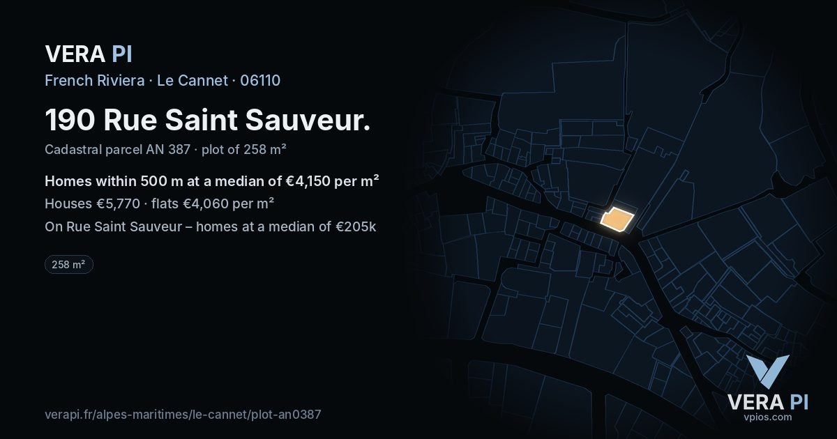 190 Rue Saint Sauveur, Le Cannet at night – the plot lit, the parcels around coloured by the prices near them