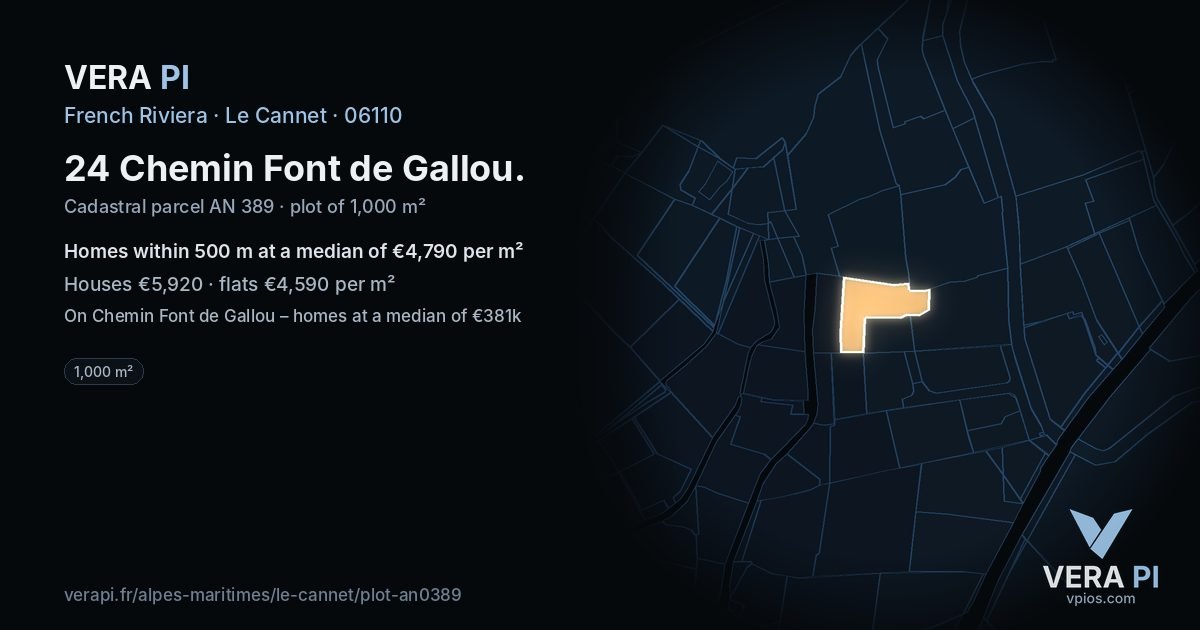 24 Chemin Font de Gallou, Le Cannet at night – the plot lit, the parcels around coloured by the prices near them