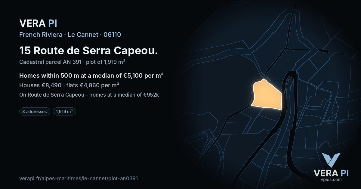 15 Route de Serra Capeou, Le Cannet at night – the plot lit, the parcels around coloured by the prices near them