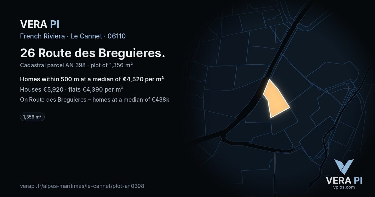 26 Route des Breguieres, Le Cannet at night – the plot lit, the parcels around coloured by the prices near them