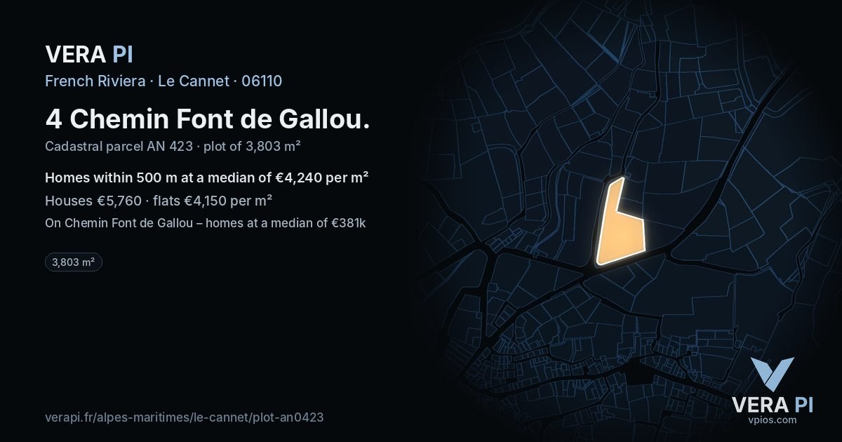4 Chemin Font de Gallou, Le Cannet at night – the plot lit, the parcels around coloured by the prices near them