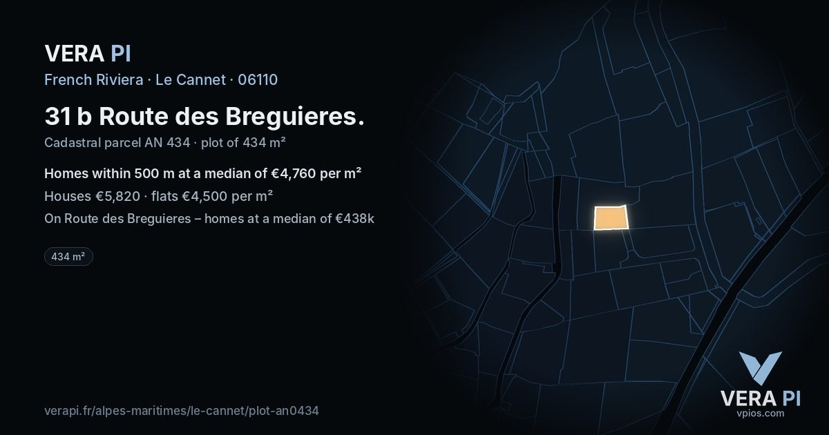31 b Route des Breguieres, Le Cannet at night – the plot lit, the parcels around coloured by the prices near them