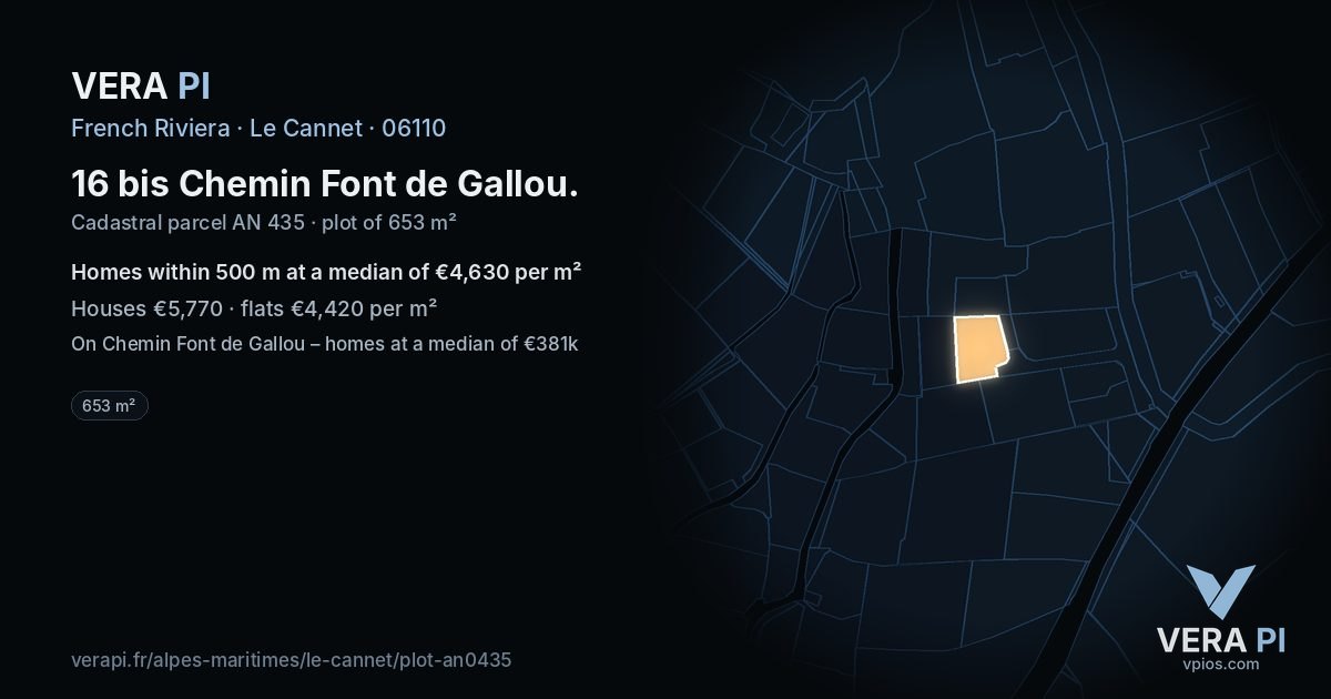 16 bis Chemin Font de Gallou, Le Cannet at night – the plot lit, the parcels around coloured by the prices near them