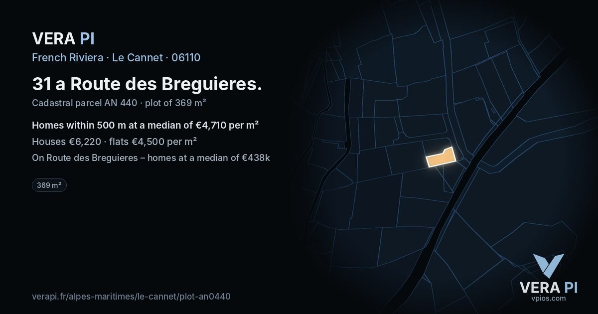 31 a Route des Breguieres, Le Cannet at night – the plot lit, the parcels around coloured by the prices near them