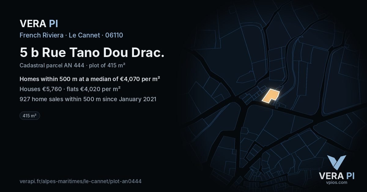 5 b Rue Tano Dou Drac, Le Cannet at night – the plot lit, the parcels around coloured by the prices near them