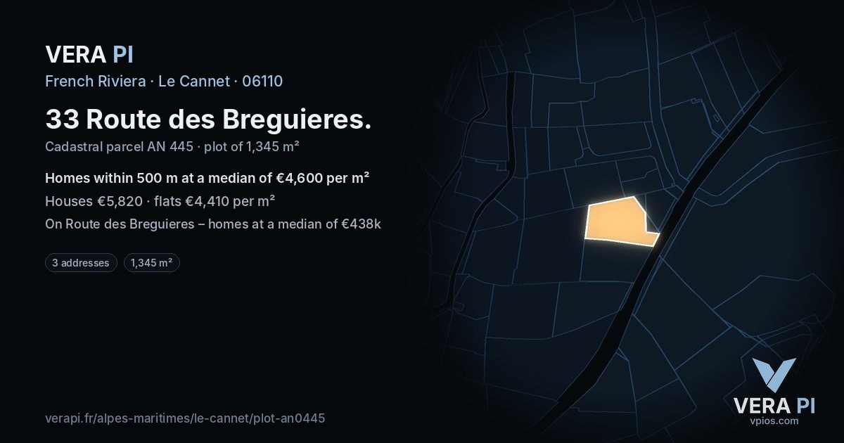 33 Route des Breguieres, Le Cannet at night – the plot lit, the parcels around coloured by the prices near them