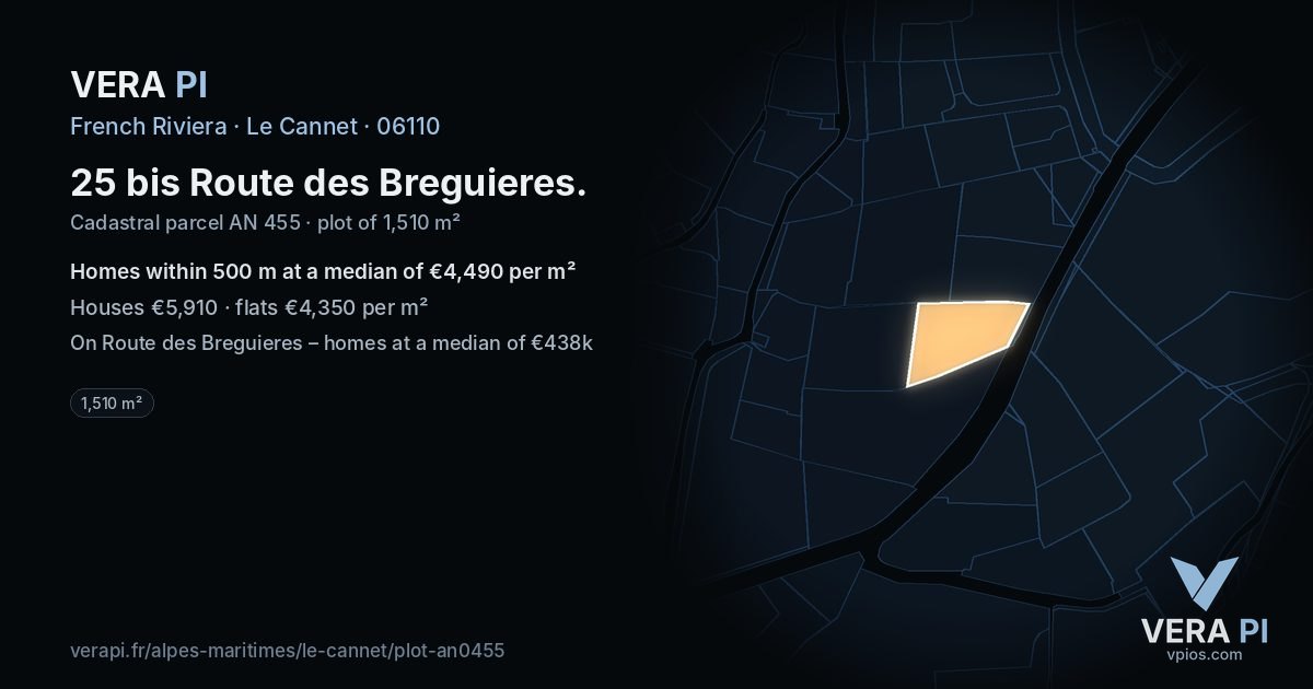 25 bis Route des Breguieres, Le Cannet at night – the plot lit, the parcels around coloured by the prices near them