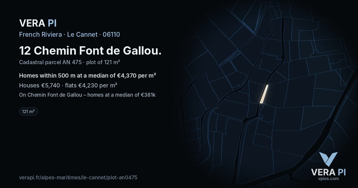 12 Chemin Font de Gallou, Le Cannet at night – the plot lit, the parcels around coloured by the prices near them